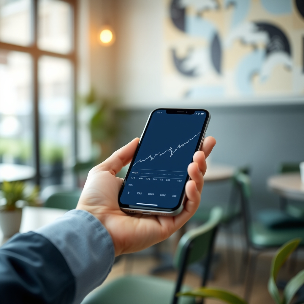 Smartphone met een eenvoudige koersgrafiek in beeld.